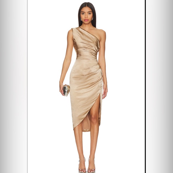 Elliatt Cassini One Shoulder Midi Evening Coctail Dress in Gold